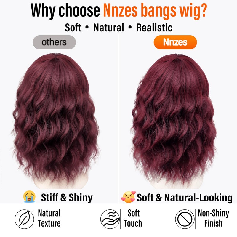 Nnzes Bob Curly Wig Synthetic Short Wine Red Wig with Bangs Natural Looking Heat Resistant Fiber Hair for Women - Image 4